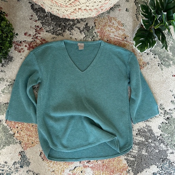 Chico's Sweater Women's Size 1 (Medium) V-Neck Ribbed 3/4 Sleeve V-Neck Teal - Picture 11 of 14